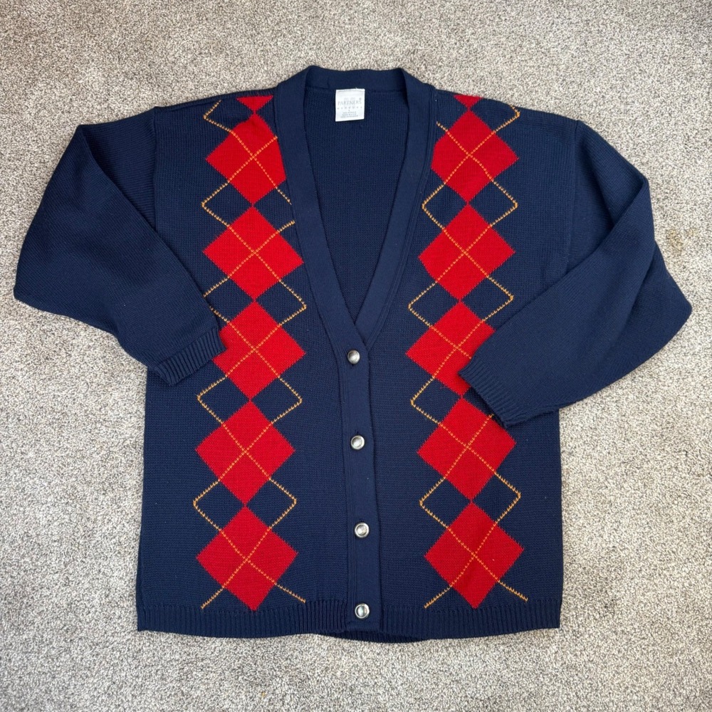 Vintage Partners Mervyns Argyle Cardigan Sweater Navy Red Large Made in USA